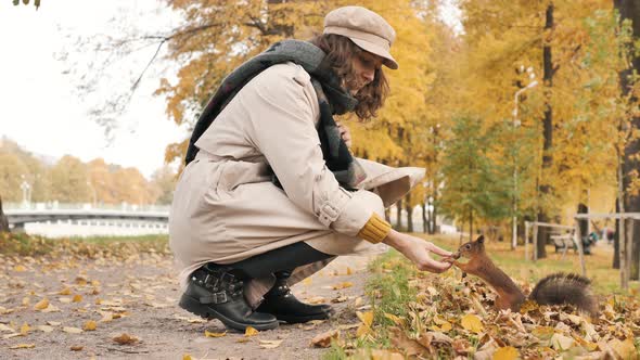 Beautiful Young Woman Feeds a Squirrel in Autumn Park While Walking