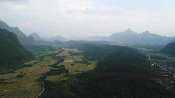 Nature landscape near town of Vang Vieng in Laos seen from the sky