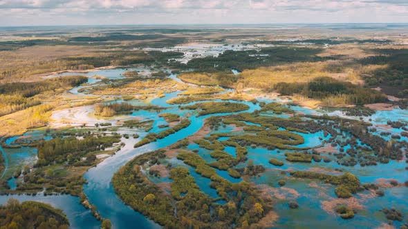 Aerial View Curved River In Early Spring Landscape