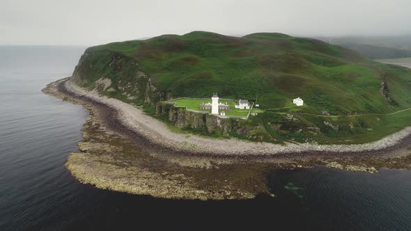 Scottish Island Davaar Aerial View Greenery Landscape in Gloomy Summer Weather on Ocean Bay