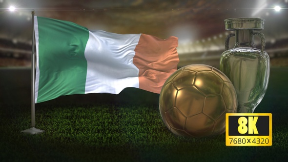 8K Ireland Flag with Football And Cup Background Loop