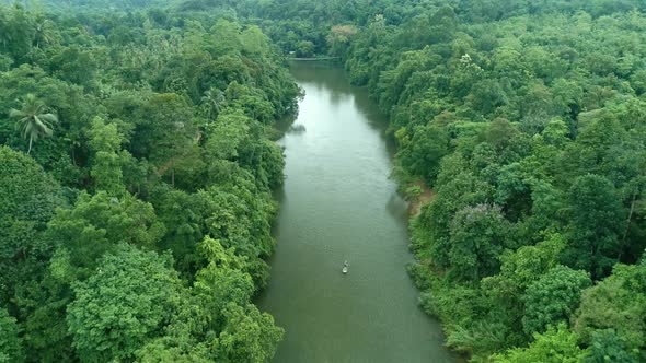 High Flying Drone over a Paddle Board On Jungle River 