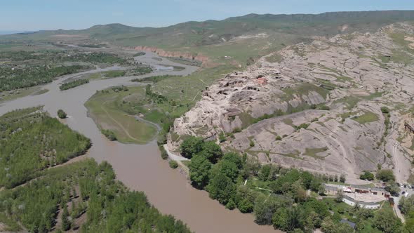 Amazing aerial view of ancient town Uplistsikhe in Georgia