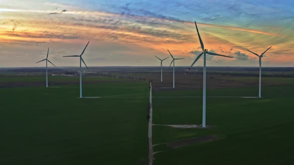 Aerial view of wind turbines at dusk in Poland