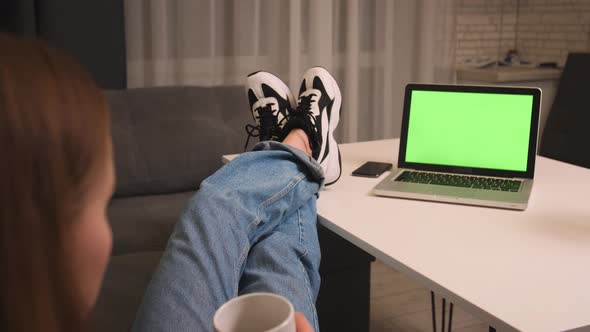 Woman looking at laptop with green screen mockup