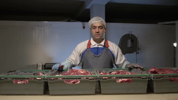 Portrait of Adult Butcher in White Uniform and Blue Apron in Meat Manufacturing