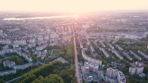 Drone panorama on 10 floors buildings of USSR multistory buildings. Residential blocks of high rise