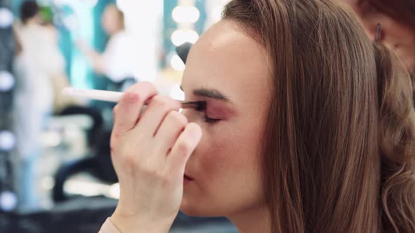 A Hand with a Brush Applies Shadow on the Eyelid a Girl in a Beauty Salon