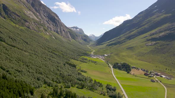 Secluded mountain village of Aarset in Geiranger fjord, Norway; aerial view