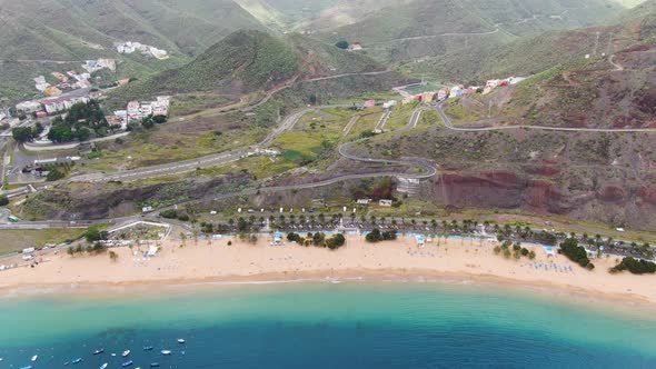 Drone approaching Las Teresitas beach, Tenerife, Canary Islands, Spain