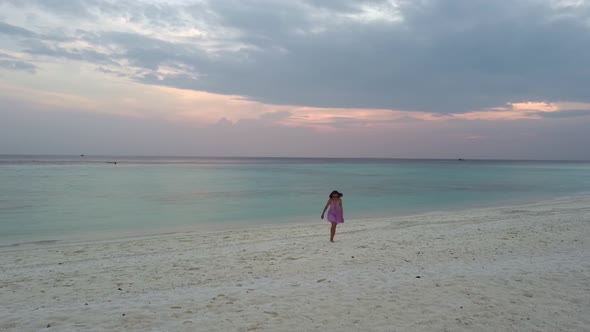 a Girl in a Lilac Sundress Goes Funny Gaiton the Sandy Shore to the Ocean