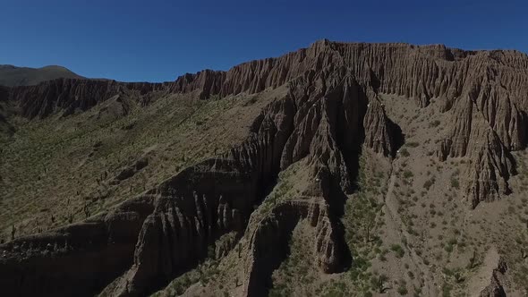 Aerial scene with drones. Camera forward on the edge of the mountains. Mendoza, Argentina.