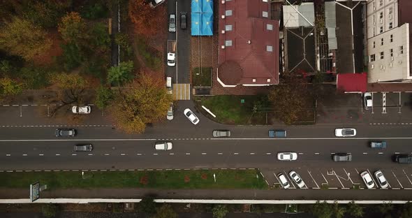 Drone View From Above to the Road Traffic in Autumn Time