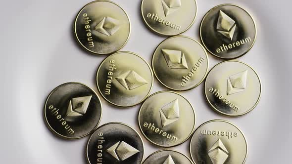 Rotating shot of Ethereum Bitcoins