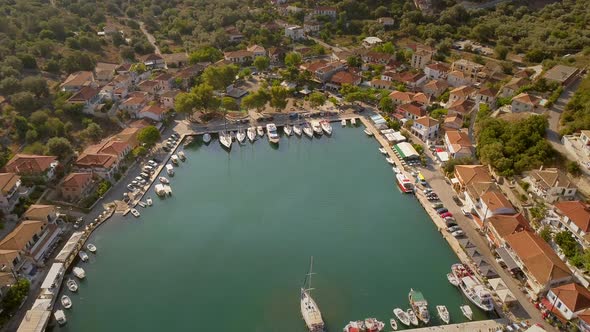 Aerial view of harbor on the coast of mediterranean sea, Greece.