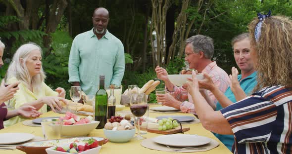 Animation of happy diverse female and male senior friends having lunch in garden