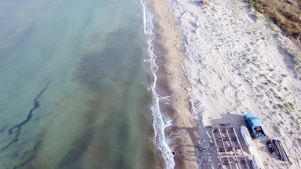 Breathtaking aerial view flight fly backwards drone footage ofnatural sand Bouka Beach at Corfu Gre