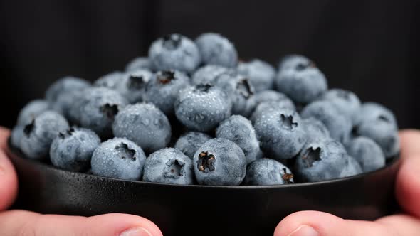 Female holding bowl with fresh blueberries fruits