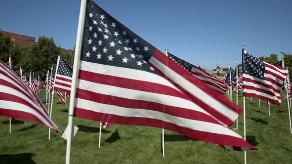 Walking along side of American Flags waving in slow motion