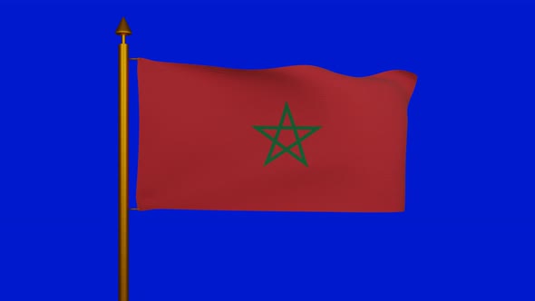 National flag of Morocco waving with flagpole on chroma key, Kingdom of Morocco flag textile
