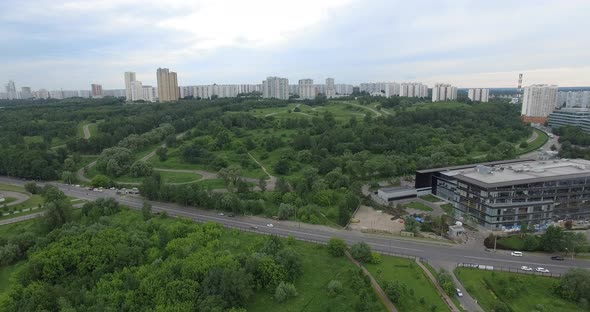 Aerial Moscow Summer Scene with Krylatsky Hills Park