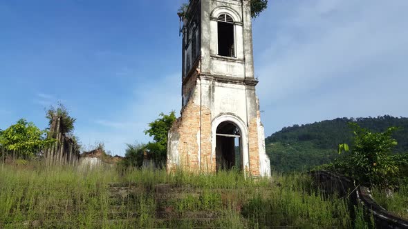 Front view of abandoned church.