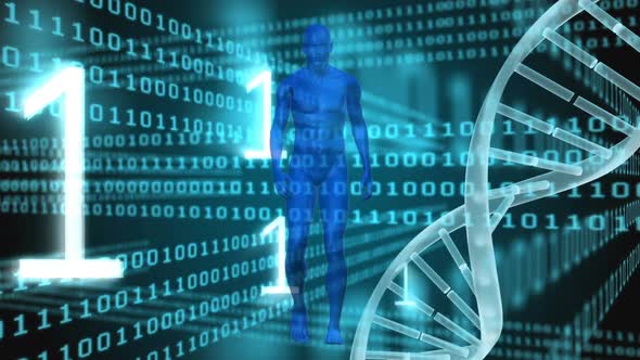 DNA animation with data information on dark background alt