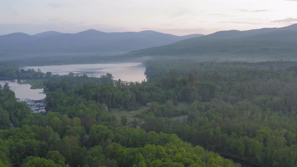 Scenic aerial view over Silver Lake wilderness in Maine Early morning