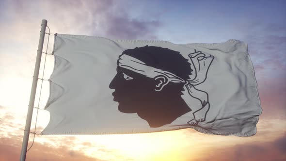 Corsica Flag France Waving in the Wind Sky and Sun Background