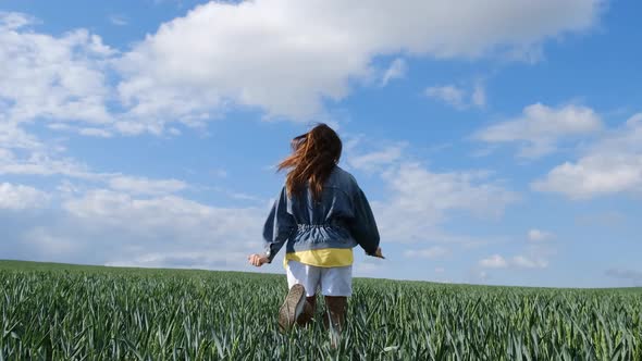 Brunette Girl with Beautiful Long Hair Runs Across a Green Wheat Field