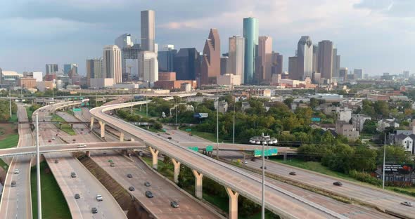 High angle establishing drone shot of downtown Houston. This video was filmed in 4k for best image q