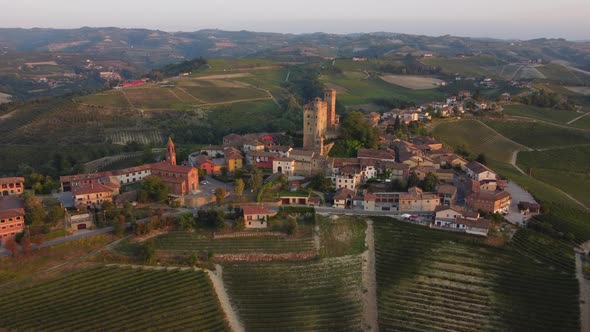 Serralunga d'Alba and Medieval Castle in Langhe Vineyards, Piedmont Italy Aerial View