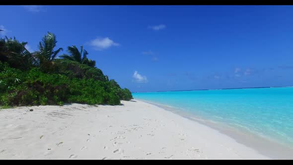 Aerial above sky of relaxing shore beach lifestyle by aqua blue ocean and clean sand background of a