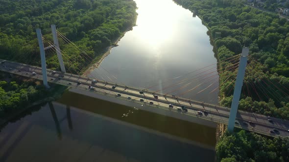 Aerial Drone Flight top down View of freeway busy city rush hour heavy traffic jam highway. Aerial v