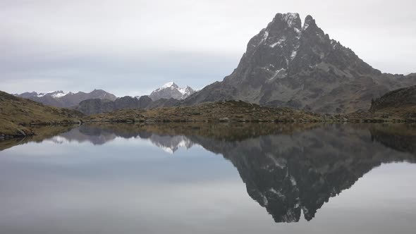 Pic du Midi d'Ossau, Lac d' Ayous. Stunning nature landscape. Lake reflection.