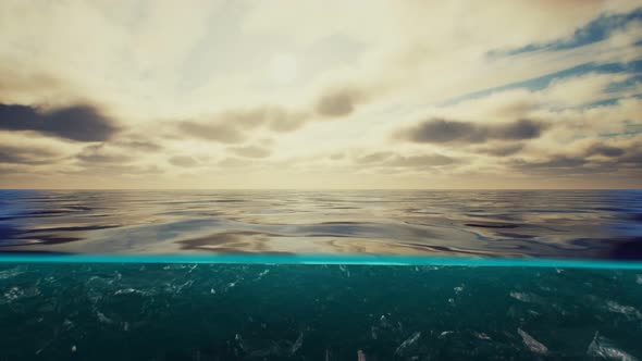 Split View Over and Under Water in the Caribbean Sea with Clouds