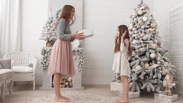 Attractive Beautiful Woman and Little Girl Give Each Other Christmas Presents
