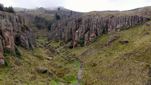 Tourist On Mountain Trails At Stone Forest In Cumbemayo, Cajamarca In Peru. Aerial Drone