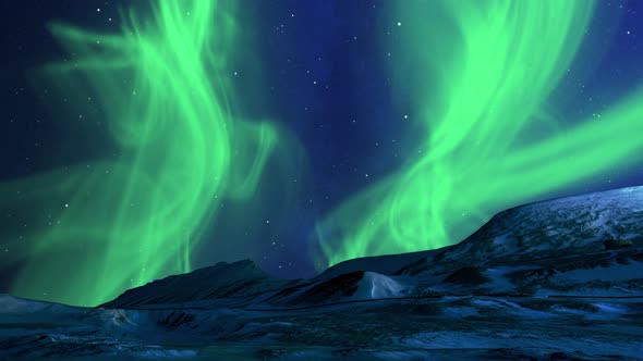 Winter landscape of snowy mountains with starry night sky and green polar lights in the background.