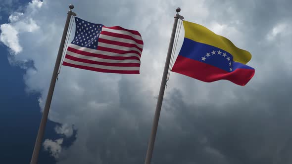 Waving Flags Of The United States And The Venezuela 4K