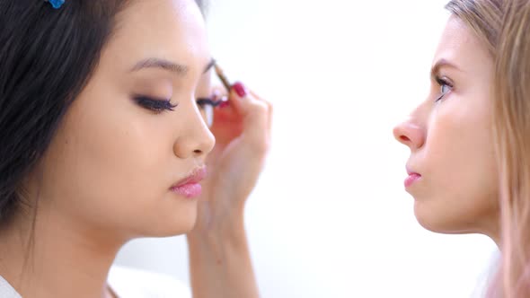 Side View Professional Makeup Artist Creating Perfect Shape of Eyebrow for Attractive Client