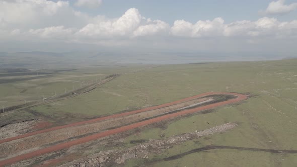 Moving along railroad tracks. Aerial view of Railroad emergency stop track in Trialeti, Georgia