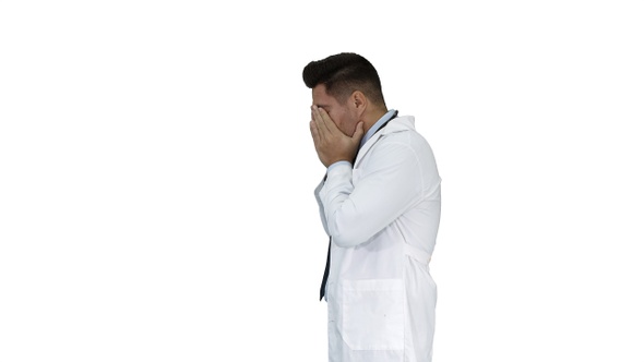 Tired doctor passing by on white background.