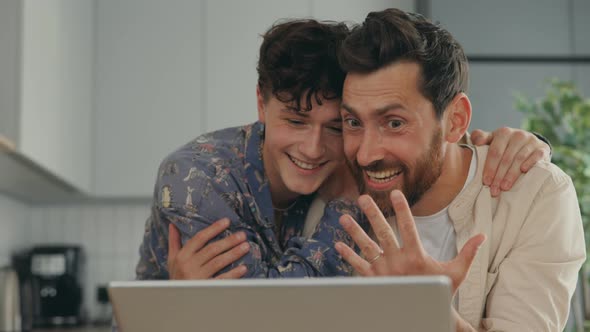 Lgbt Gays Couple Feeling Happy Cheerful Couple Using the Laptop for Video Call to Show the Proposal