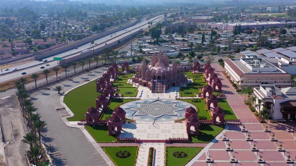 Flying towards the BAPS Shri Swaminarayan Mandir Hindu temple in Chino California