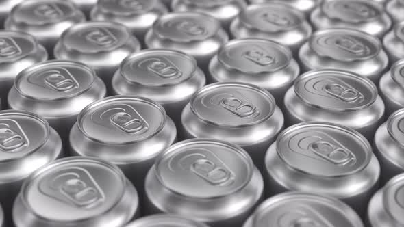 Many Aluminum Metal Soda Cans, Tin Can Coke Production Concept. 3d Animation Render, infinite loop