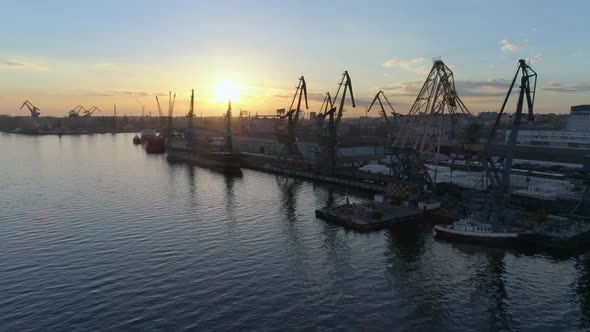 Shipping, Aerial View of Industrial Cargo Port with Cranes for Loading and Unloading of Vessel of