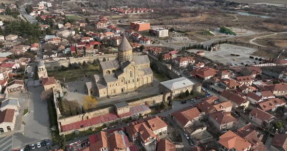 Aerial view of Orthodox Svetitskhoveli Cathedral in Mtskheta, Georgia