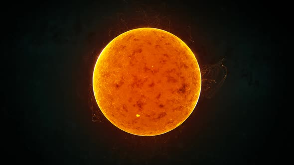 Close up shot of the sun. Powerful fireballs of the yellow plasma spreading.