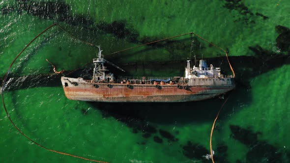 Aerial Drone Top Down Flight Over Crushed Tanker Ship Delfi in Black Sea Near Odessa Ukraine